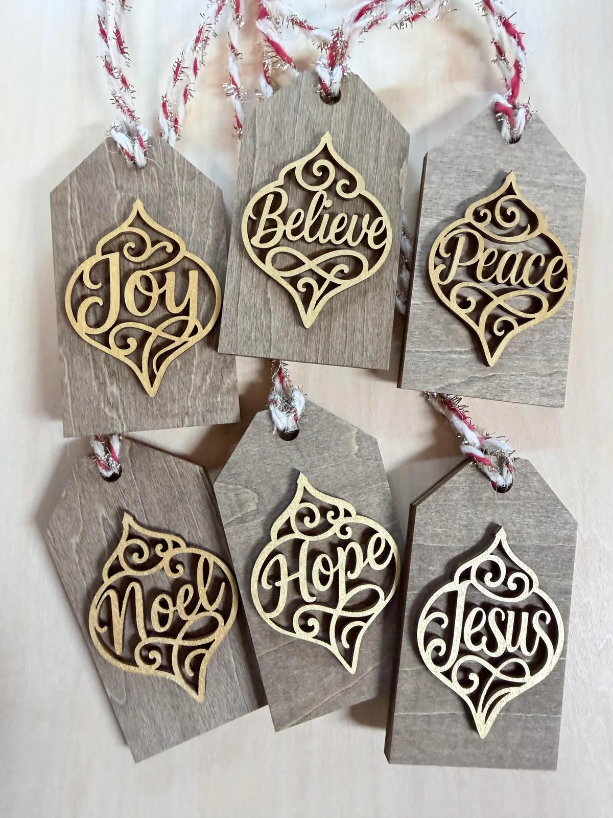 Filigree Word Christmas Ornaments Set of 6, Believe Joy Noel Jesus Peace Hope, Wood Tree Ornaments, Holiday Decor