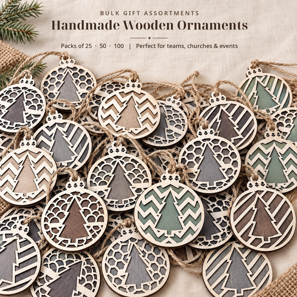 Bulk Christmas Ornaments 25 50 100 Pack, Rustic Wooden Tree Ornaments, Employee Gifts, Church Favors, Holiday Party Gifts - TheGrumpyRooster