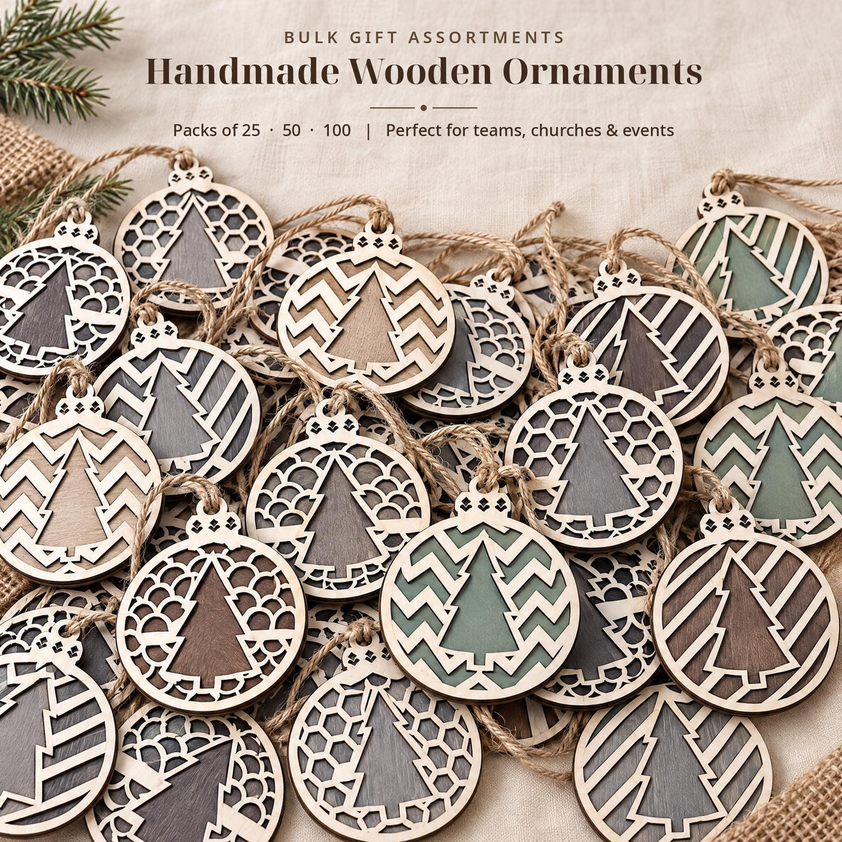 Bulk Christmas Ornaments 25 50 100 Pack, Rustic Wooden Tree Ornaments, Employee Gifts, Church Favors, Holiday Party Gifts - TheGrumpyRooster