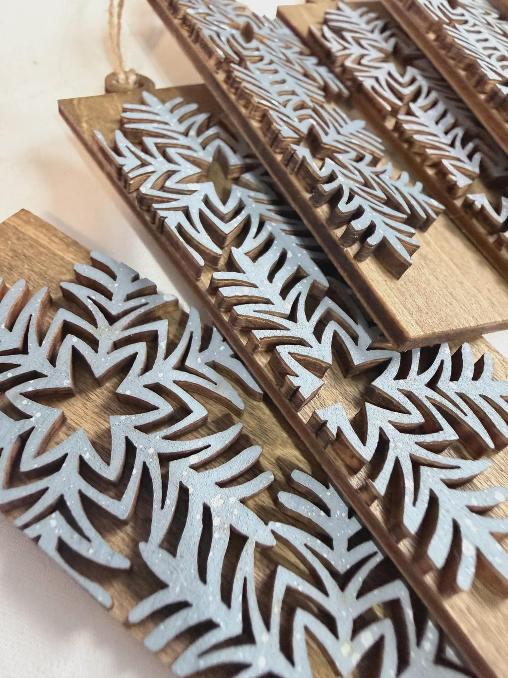 Blue Snowflake Ornaments Set of 8, Rustic Wood Christmas Tree Ornaments, Layered Winter Snowflake Decor, Farmhouse Holiday Gift - TheGrumpyRooster