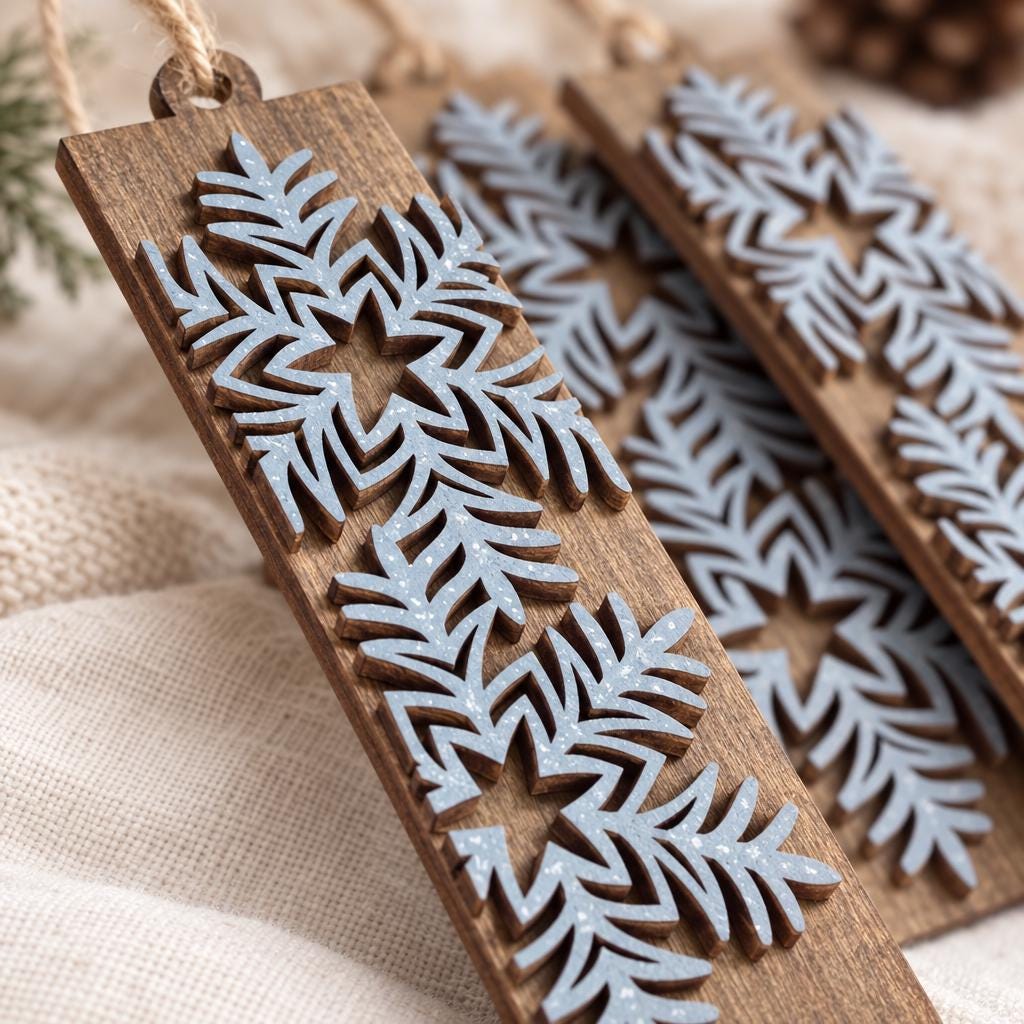 Blue Snowflake Ornaments Set of 8, Rustic Wood Christmas Tree Ornaments, Layered Winter Snowflake Decor, Farmhouse Holiday Gift - TheGrumpyRooster