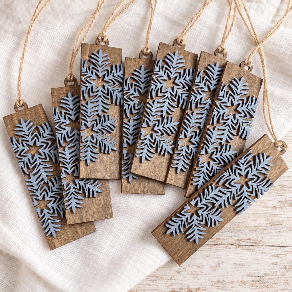 Blue Snowflake Ornaments Set of 8, Rustic Wood Christmas Tree Ornaments, Layered Winter Snowflake Decor, Farmhouse Holiday Gift - TheGrumpyRooster