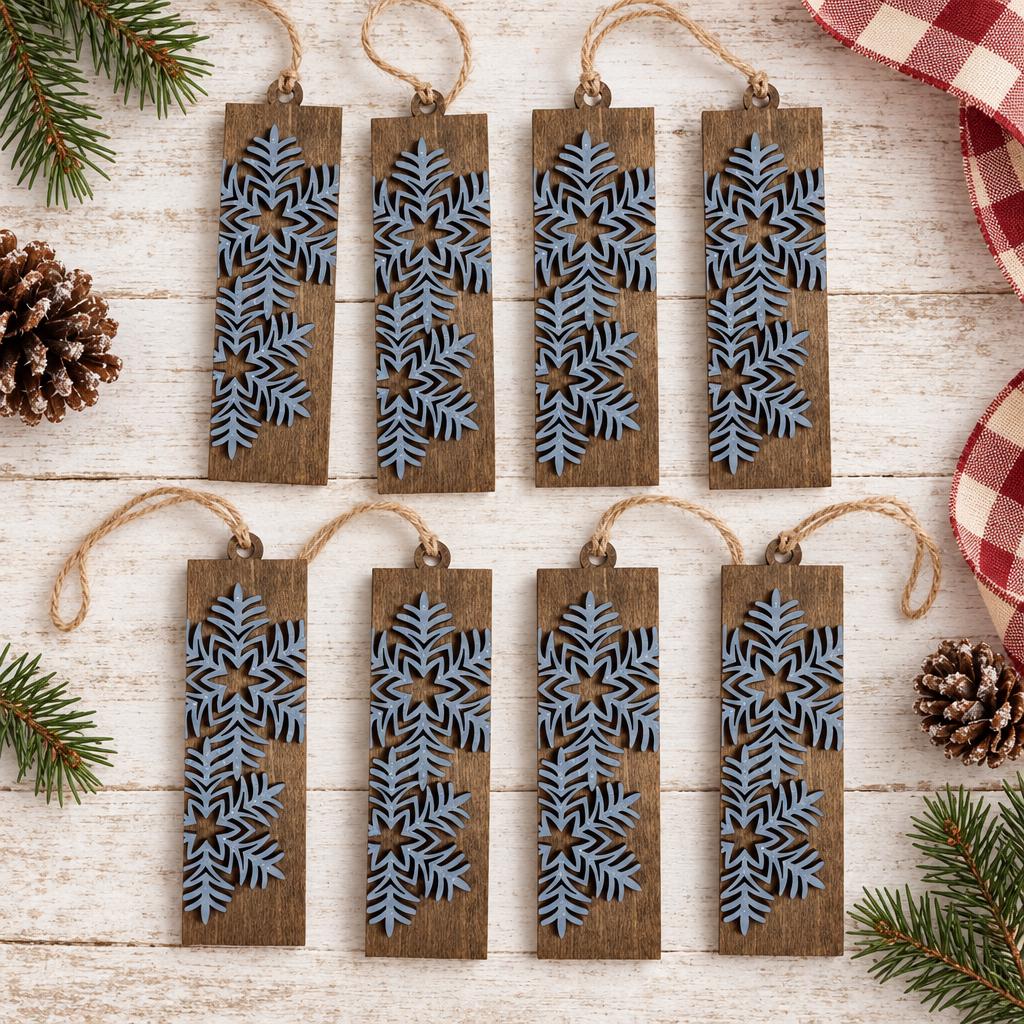 Blue Snowflake Ornaments Set of 8, Rustic Wood Christmas Tree Ornaments, Layered Winter Snowflake Decor, Farmhouse Holiday Gift - TheGrumpyRooster