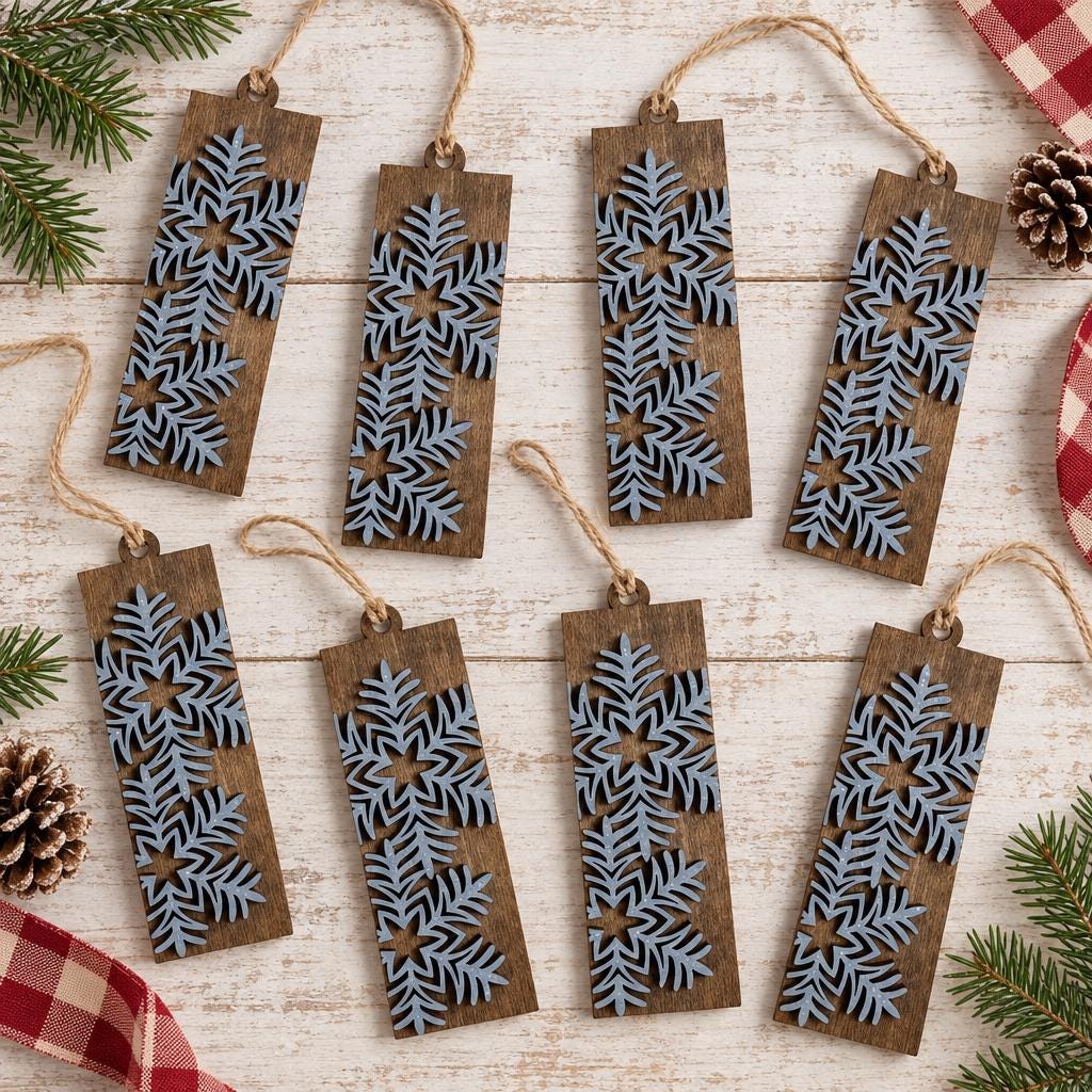 Blue Snowflake Ornaments Set of 8, Rustic Wood Christmas Tree Ornaments, Layered Winter Snowflake Decor, Farmhouse Holiday Gift - TheGrumpyRooster