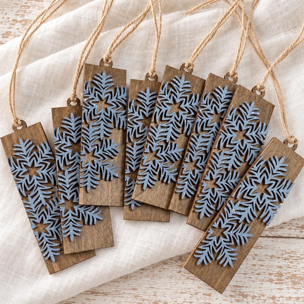 Blue Snowflake Ornaments Set of 8, Rustic Wood Christmas Tree Ornaments, Layered Winter Snowflake Decor, Farmhouse Holiday Gift - TheGrumpyRooster
