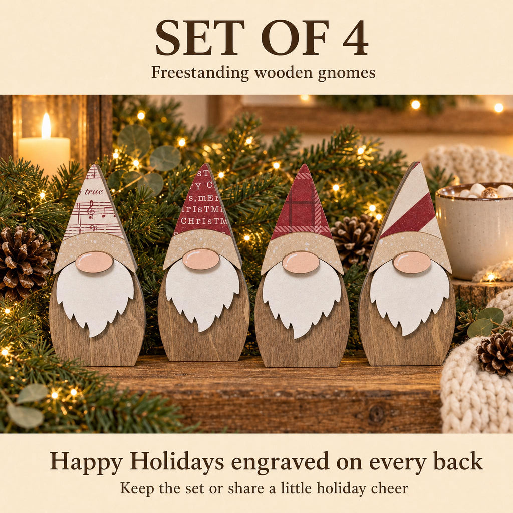 Wooden Christmas Gnomes, Set of 4 | Rustic Farmhouse Decor | Mini Tiered Tray Shelf Sitters | Holiday Hostess Gift - TheGrumpyRooster