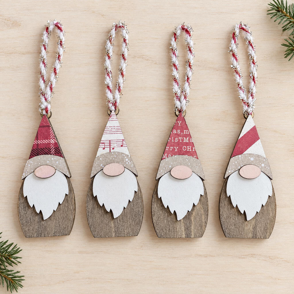 Wooden Gnome Christmas Ornaments, Set of 4 | Layered Wood Farmhouse Tree Decor | Rustic Holiday Gift
