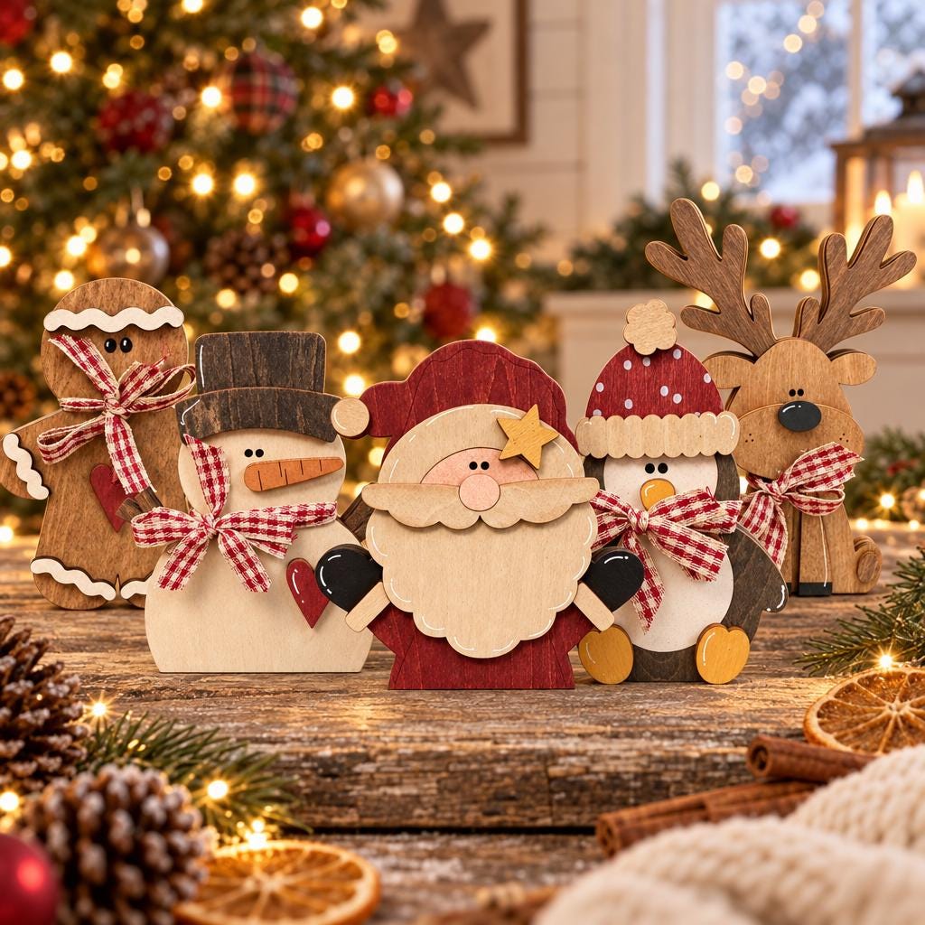 Wooden Christmas Shelf Sitter Set of 5 | Rustic Santa, Snowman, Reindeer, Gingerbread and Penguin Decor