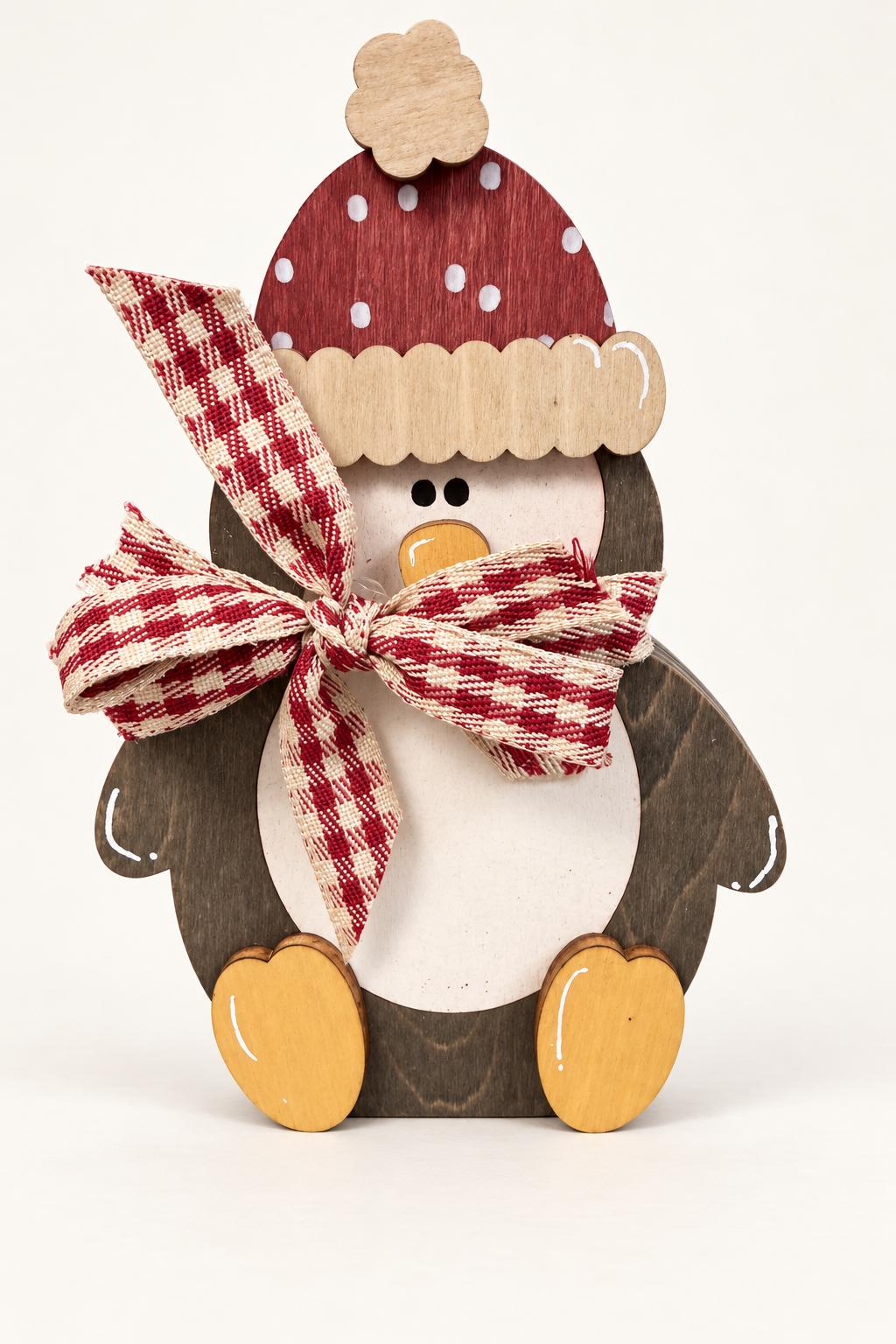 Wooden Penguin Shelf Sitter | Rustic Christmas and Winter Decor | Red Hat and Gingham Bow