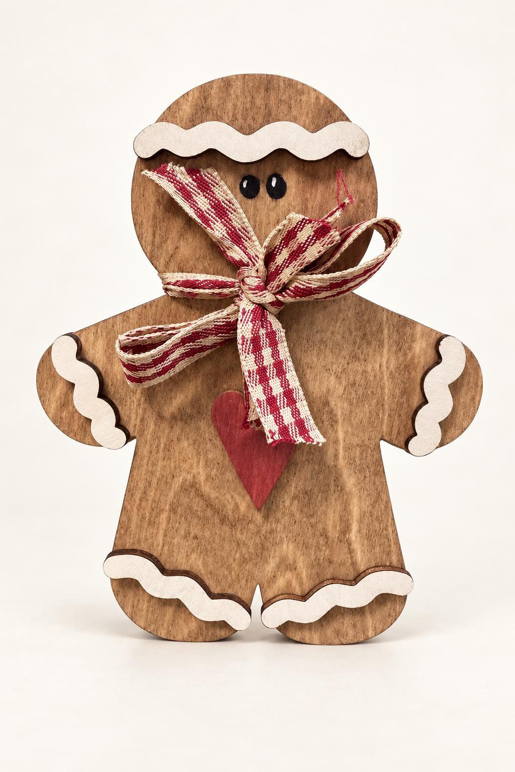 Wooden Gingerbread Shelf Sitter | Rustic Christmas Decor | Red Gingham Bow and Heart