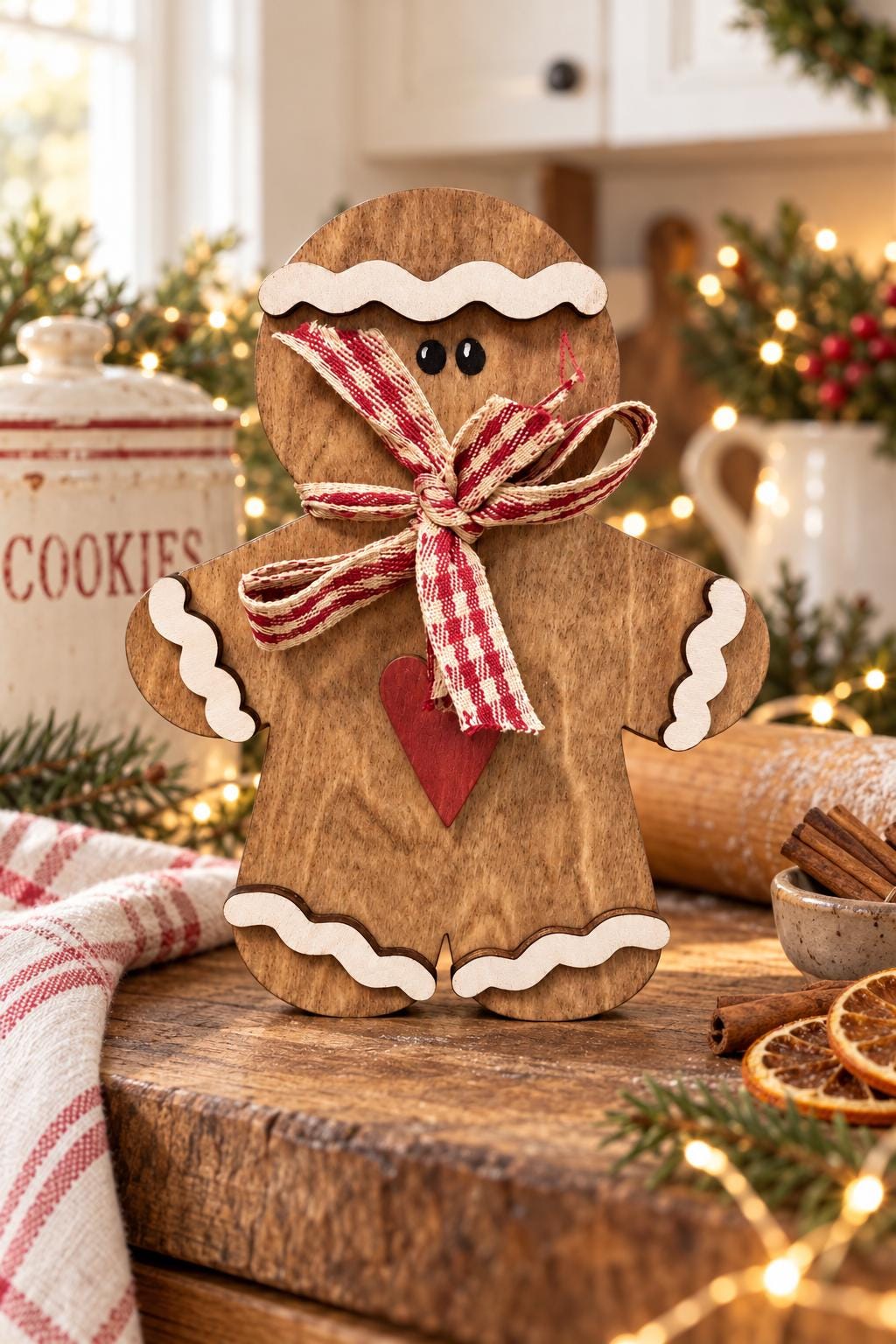 Wooden Gingerbread Shelf Sitter | Rustic Christmas Decor | Red Gingham Bow and Heart