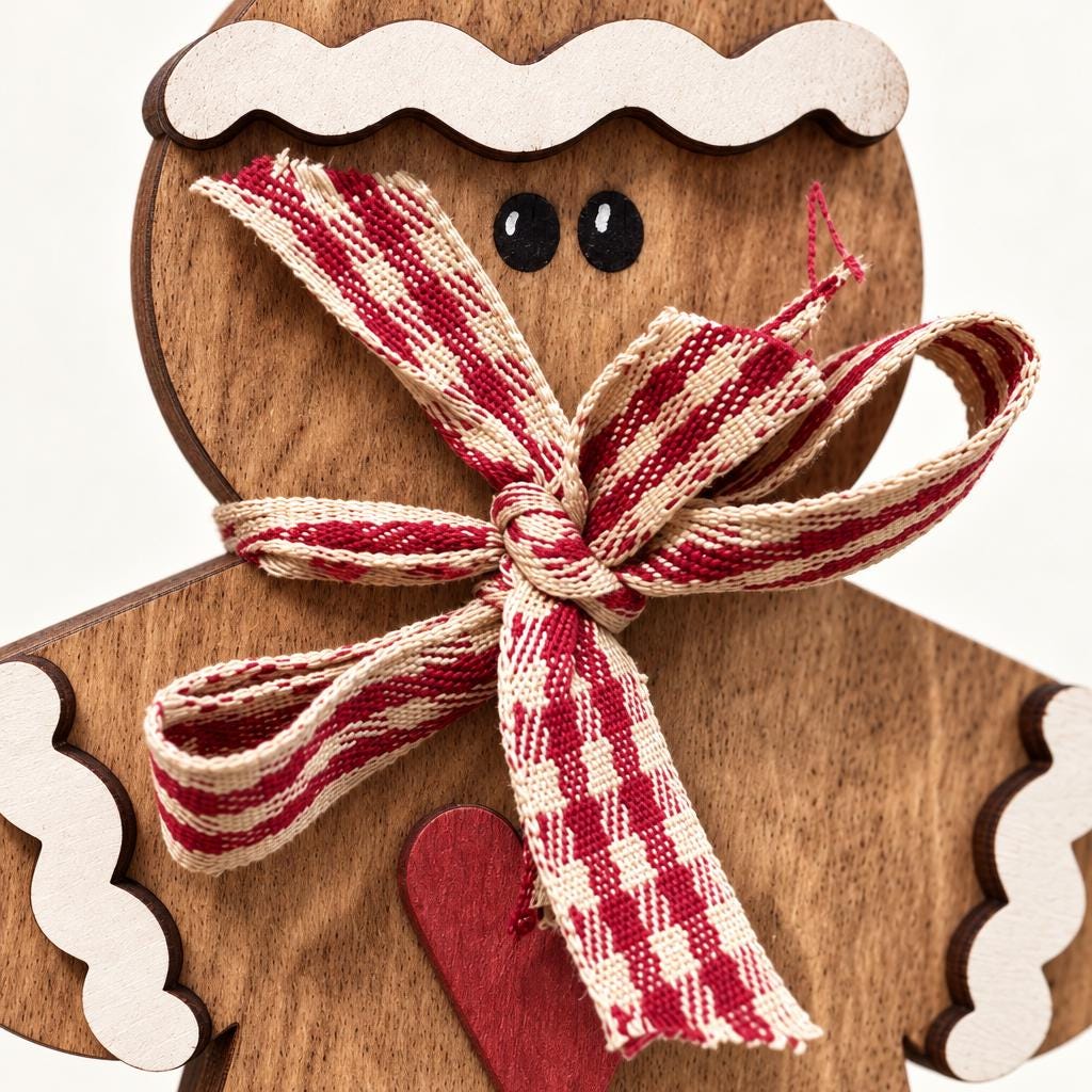 Wooden Gingerbread Shelf Sitter | Rustic Christmas Decor | Red Gingham Bow and Heart