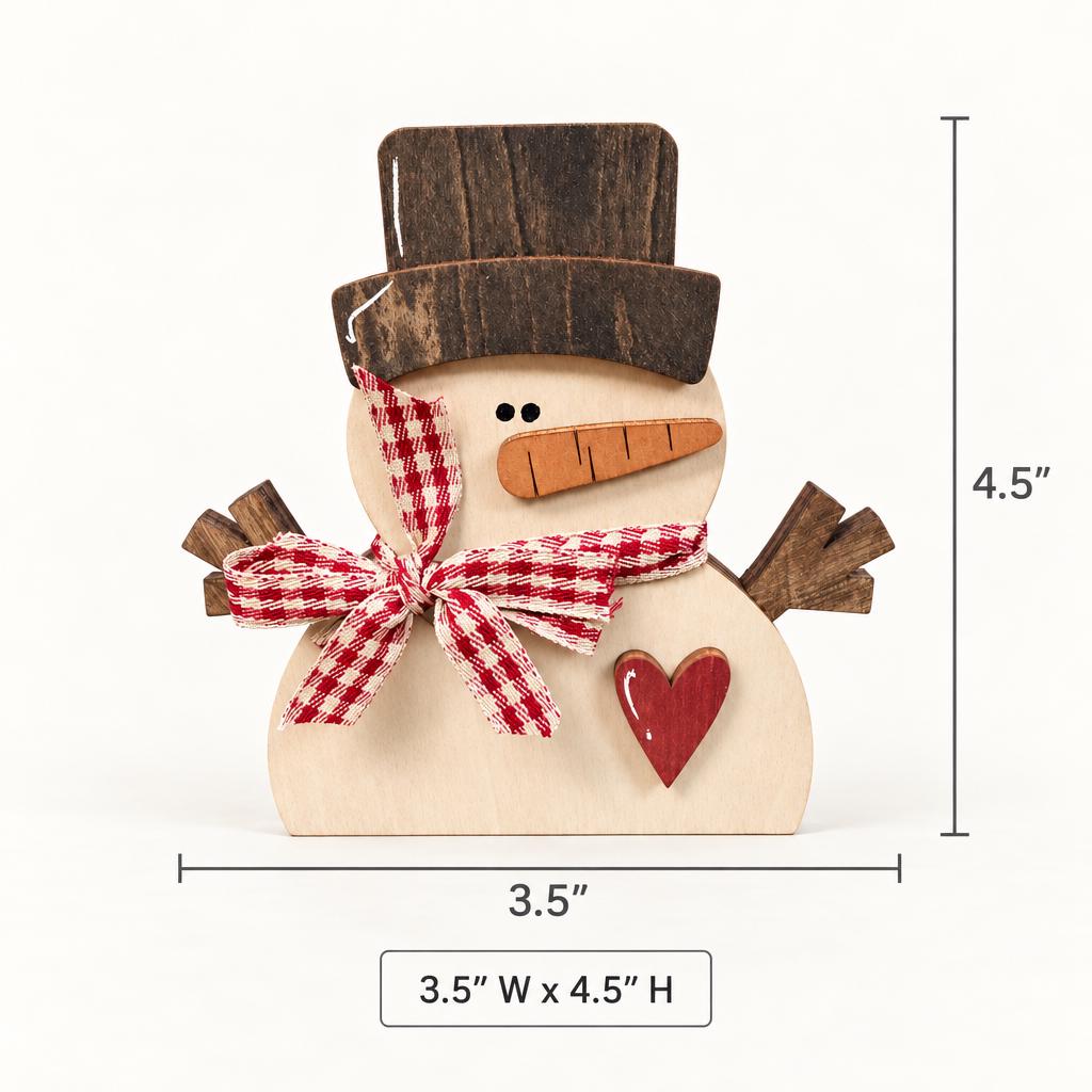 Wooden Snowman Shelf Sitter | Rustic Christmas and Winter Decor | Top Hat, Red Heart and Gingham Bow