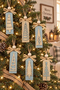 Matching Wooden Christmas Ornaments, Choose Your Tree Design, Blue or Cream Sets of 6 or 12, Winter Cottage