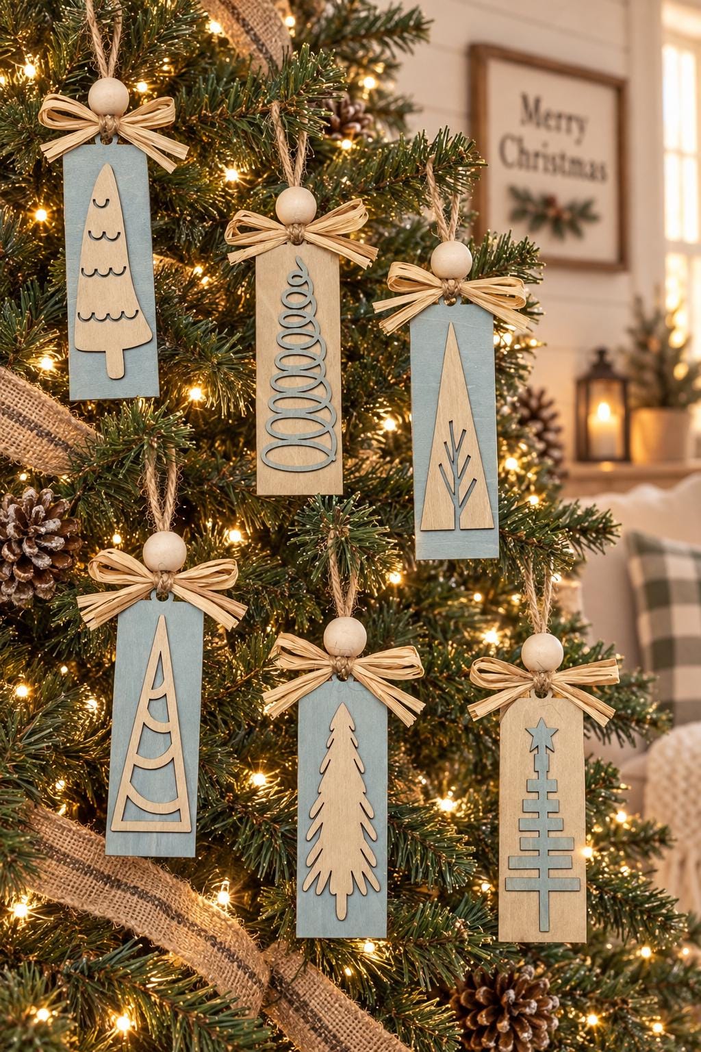 Matching Wooden Christmas Ornaments, Choose Your Tree Design, Blue or Cream Sets of 6 or 12, Winter Cottage