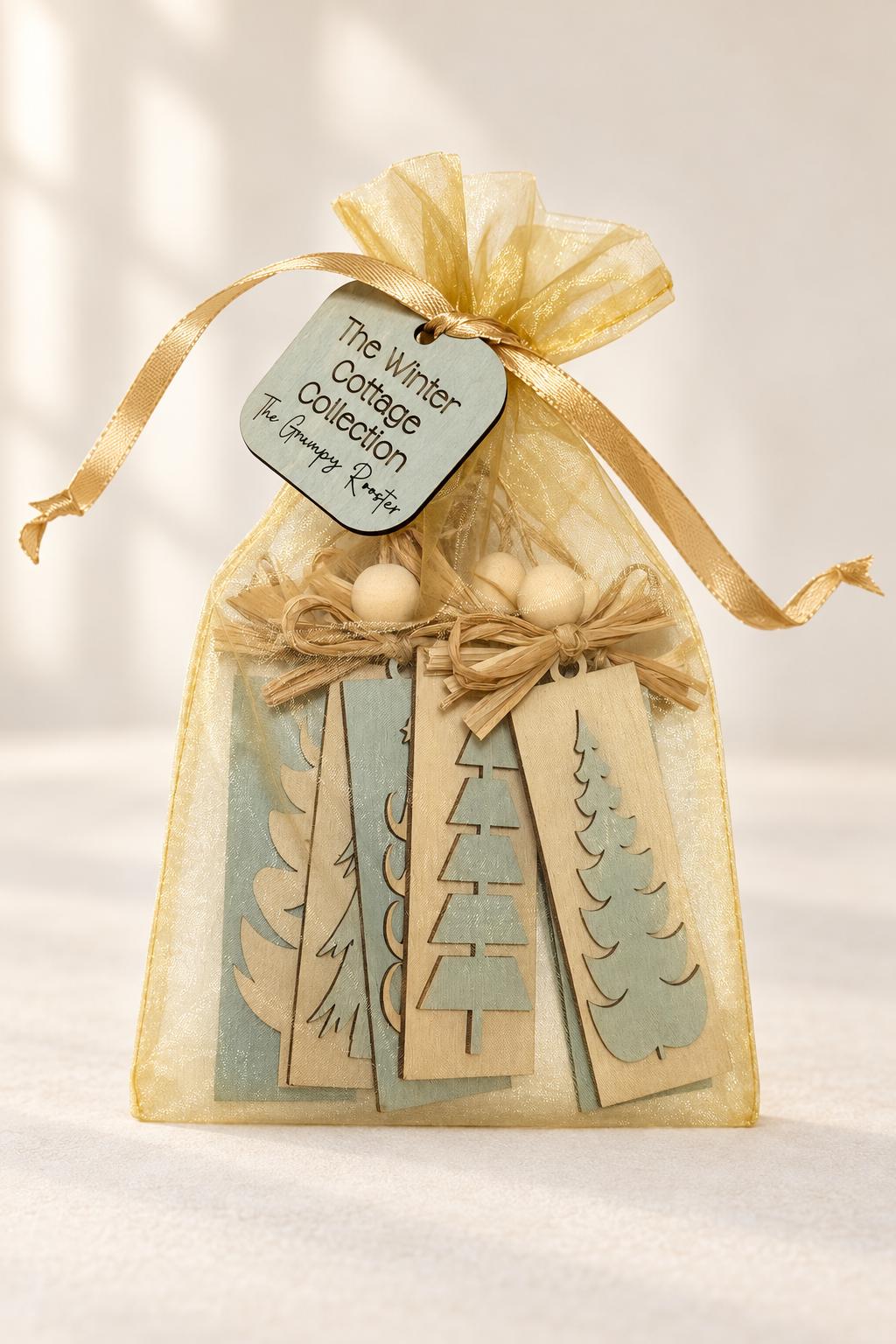 Matching Wooden Christmas Ornaments, Choose Your Tree Design, Blue or Cream Sets of 6 or 12, Winter Cottage