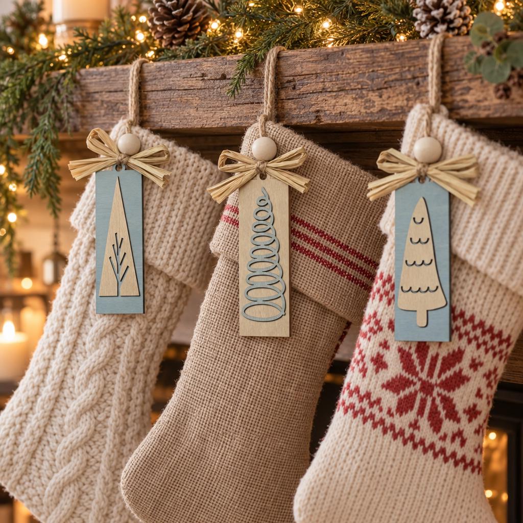 Wooden Christmas Ornaments, Blue and Cream Farmhouse Tree Sets of 6, 12 or 36, Winter Cottage Collection