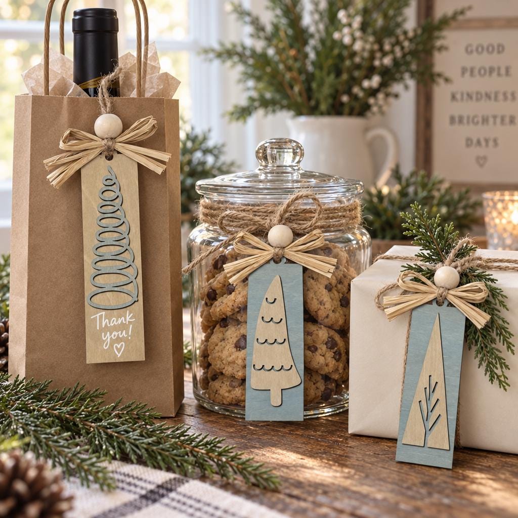 Matching Wooden Christmas Ornaments, Choose Your Tree Design, Blue or Cream Sets of 6 or 12, Winter Cottage