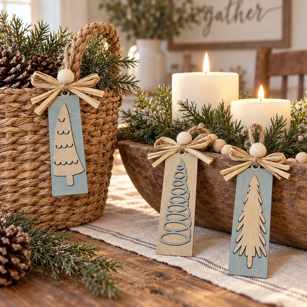 Wooden Christmas Ornaments, Blue and Cream Farmhouse Tree Sets of 6, 12 or 36, Winter Cottage Collection