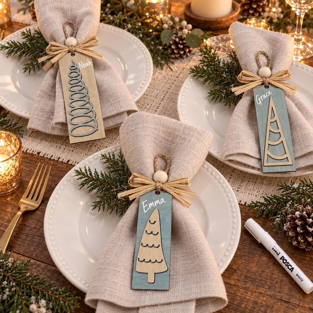 Wooden Christmas Ornaments, Blue and Cream Farmhouse Tree Sets of 6, 12 or 36, Winter Cottage Collection