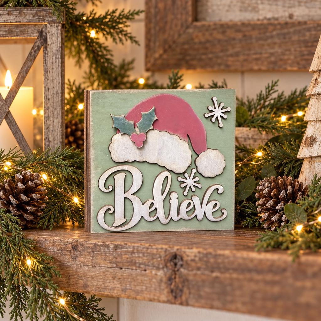 Believe Christmas Wood Shelf Sitter | Rustic Farmhouse Christmas Decor | Santa Hat Tiered Tray Sign | Holiday Gift