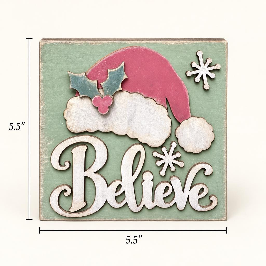 Believe Christmas Wood Shelf Sitter | Rustic Farmhouse Christmas Decor | Santa Hat Tiered Tray Sign | Holiday Gift