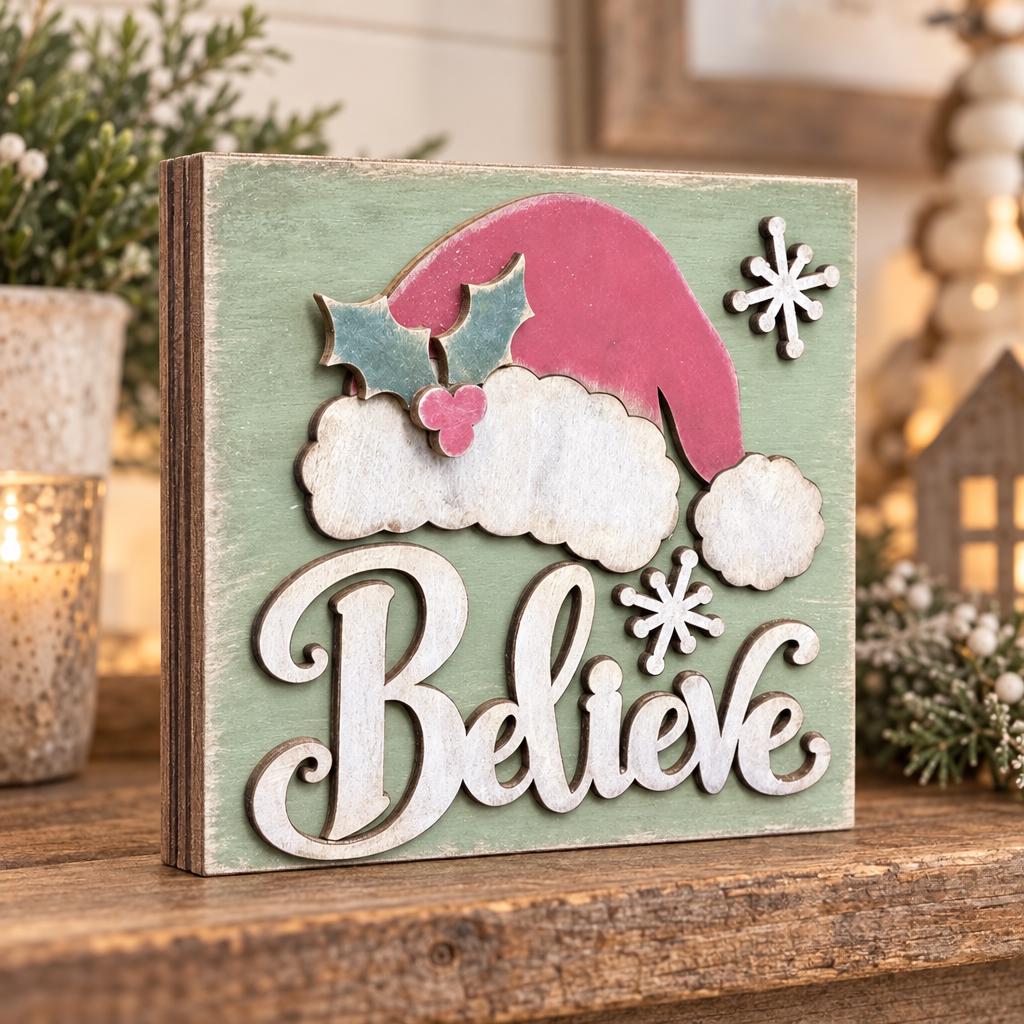 Believe Christmas Wood Shelf Sitter | Rustic Farmhouse Christmas Decor | Santa Hat Tiered Tray Sign | Holiday Gift