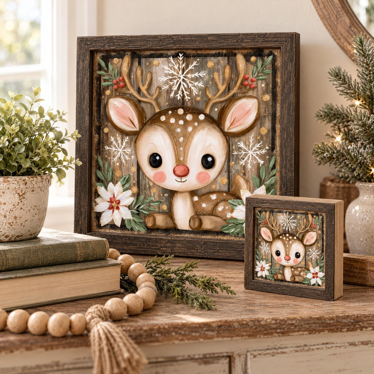 Cute Reindeer Wood Sign, Freestanding Christmas Decor, Layered Wood Block, Holiday Shelf Sitter