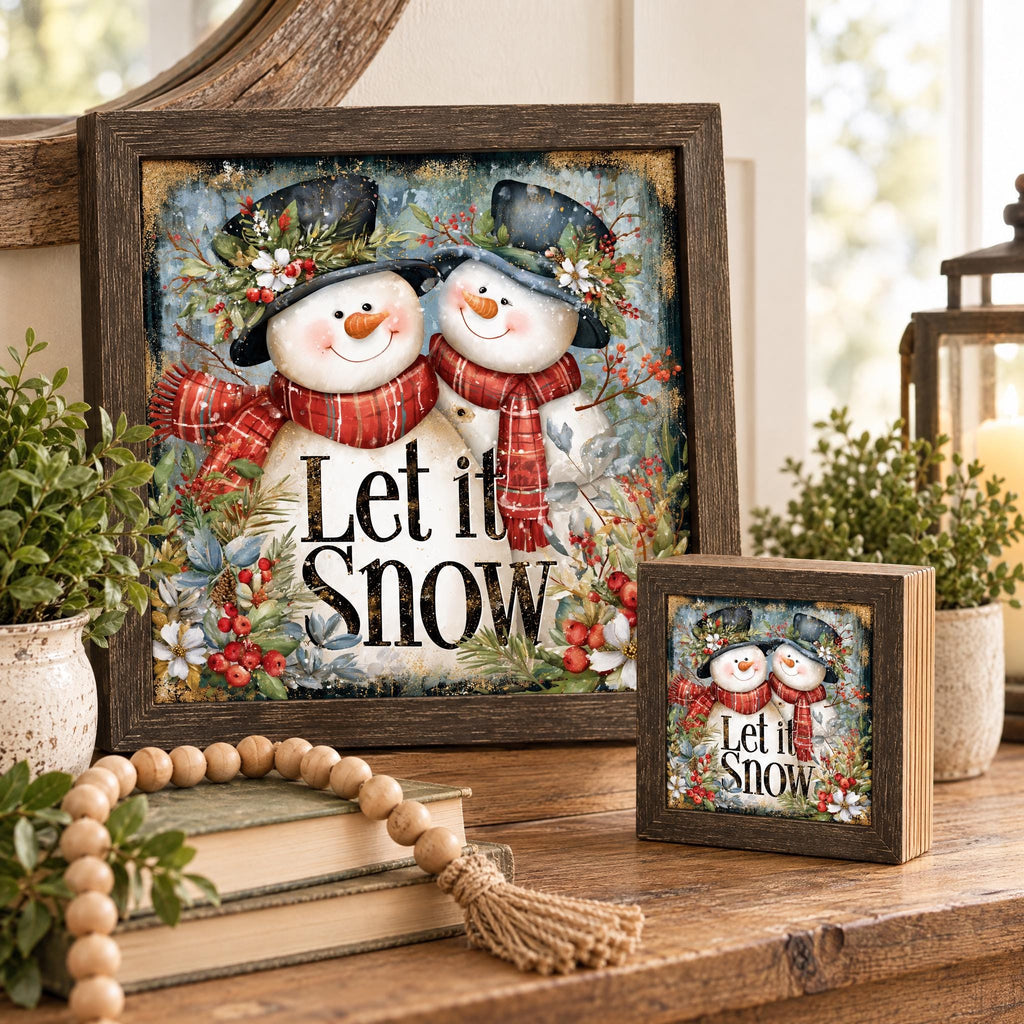 Let It Snow Wood Sign, Freestanding Winter Christmas Decor, Layered Wood Block, Tiered Tray Shelf Sitter