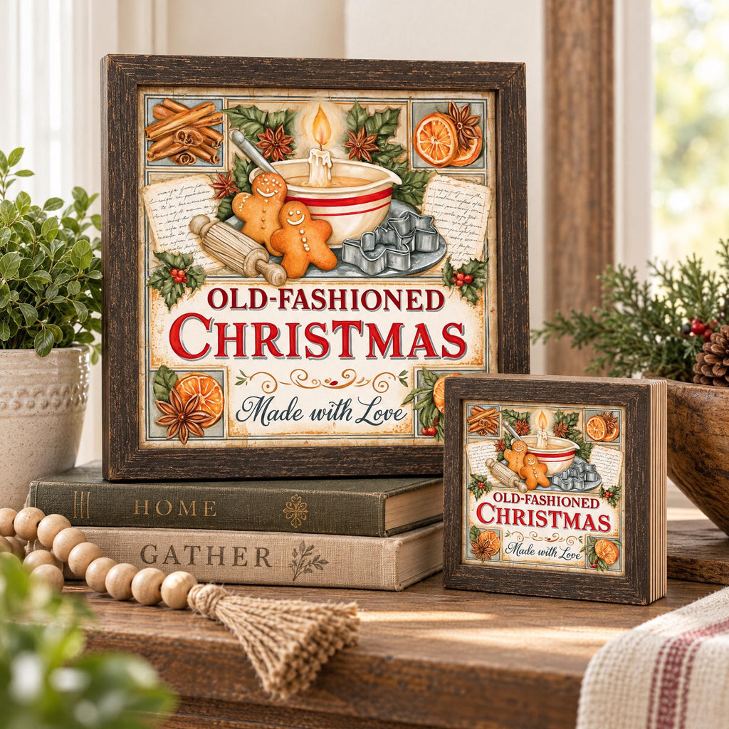 Old Fashioned Christmas Wood Sign, Freestanding Vintage Style Holiday Decor, Layered Wood Block, Mantel Shelf Sitter