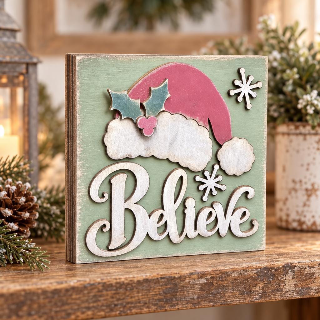Christmas Wooden Signs Set of 3 | Rustic Farmhouse Christmas Decor | Santa Shelf Sitters | Freestanding Holiday Decor