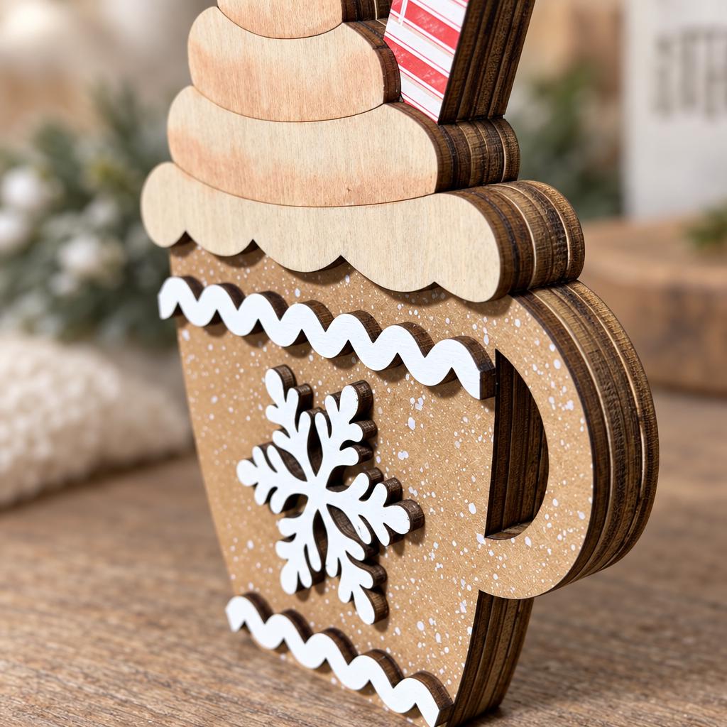 Wooden Hot Cocoa Mug Shelf Sitter, Rustic Christmas Tiered Tray Decor, Gingerbread Cocoa Cup, Freestanding Winter Decoration