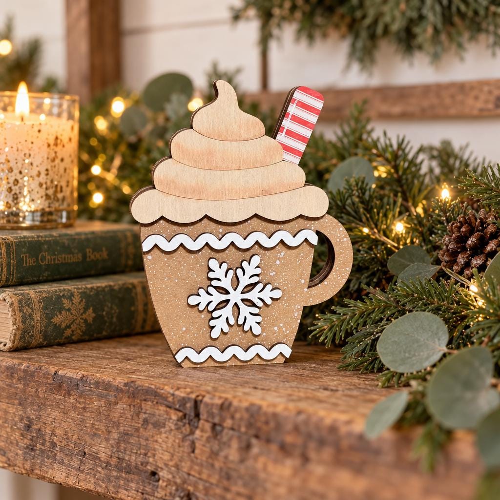 Wooden Hot Cocoa Mug Shelf Sitter, Rustic Christmas Tiered Tray Decor, Gingerbread Cocoa Cup, Freestanding Winter Decoration