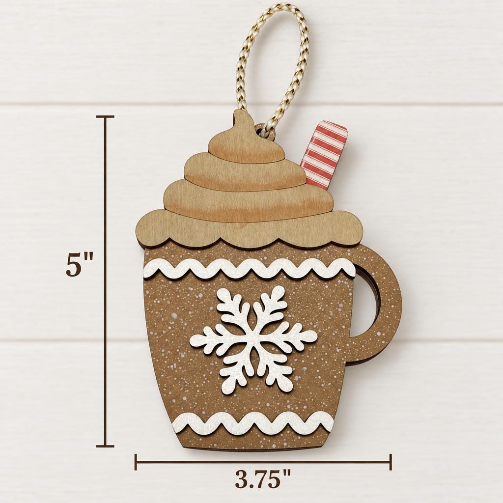 Wooden Hot Cocoa Mug Ornament | Rustic Farmhouse Christmas Decor | Gingerbread Cocoa Cup | Handmade Christmas Tree Ornament