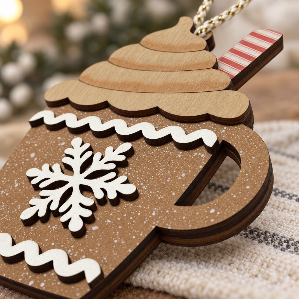 Wooden Hot Cocoa Mug Ornament | Rustic Farmhouse Christmas Decor | Gingerbread Cocoa Cup | Handmade Christmas Tree Ornament