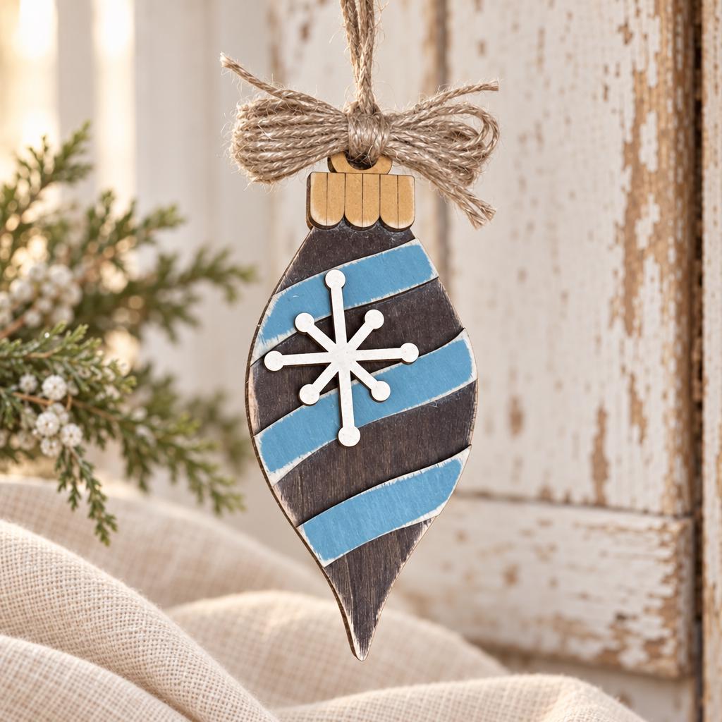 Rustic Wood Christmas Ornament | Blue Vintage Teardrop Ornament | Farmhouse Christmas Tree Decor | Handmade Holiday Gift