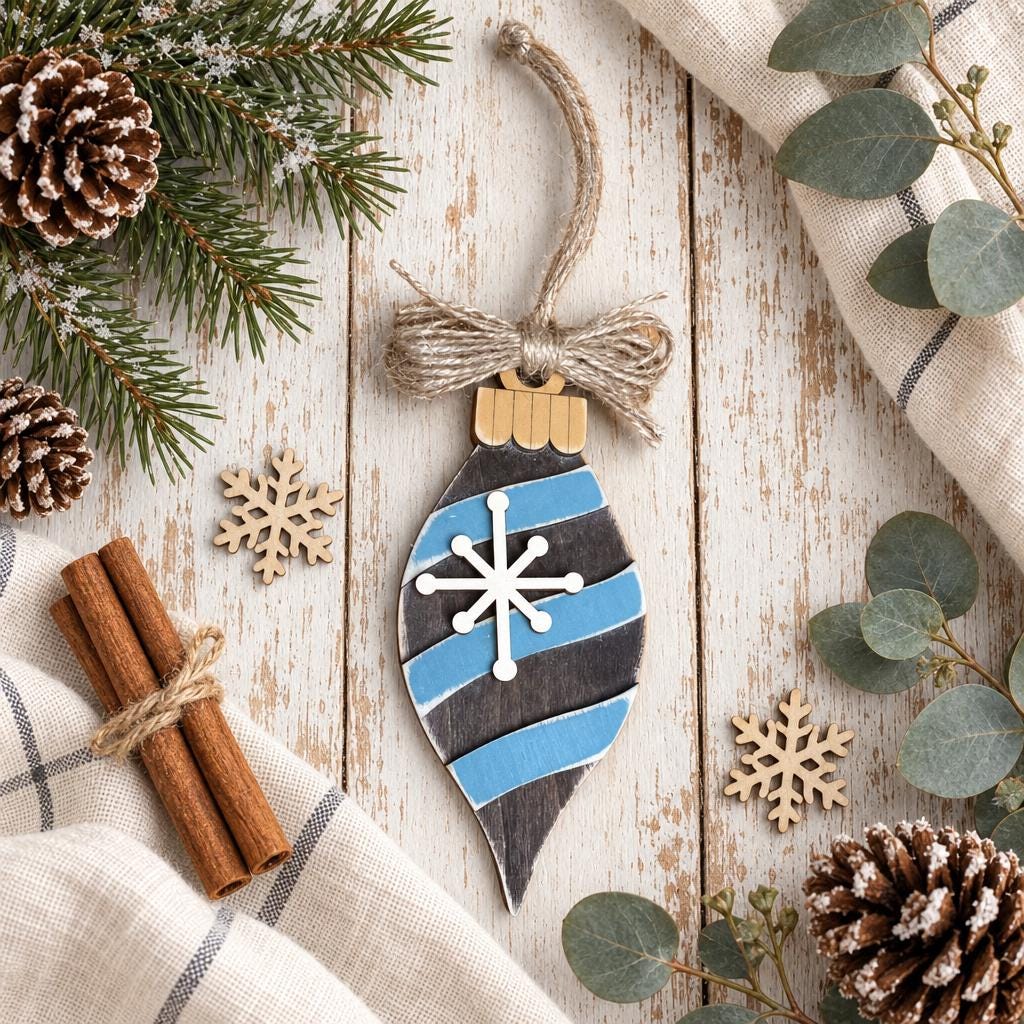 Rustic Wood Christmas Ornament | Blue Vintage Teardrop Ornament | Farmhouse Christmas Tree Decor | Handmade Holiday Gift