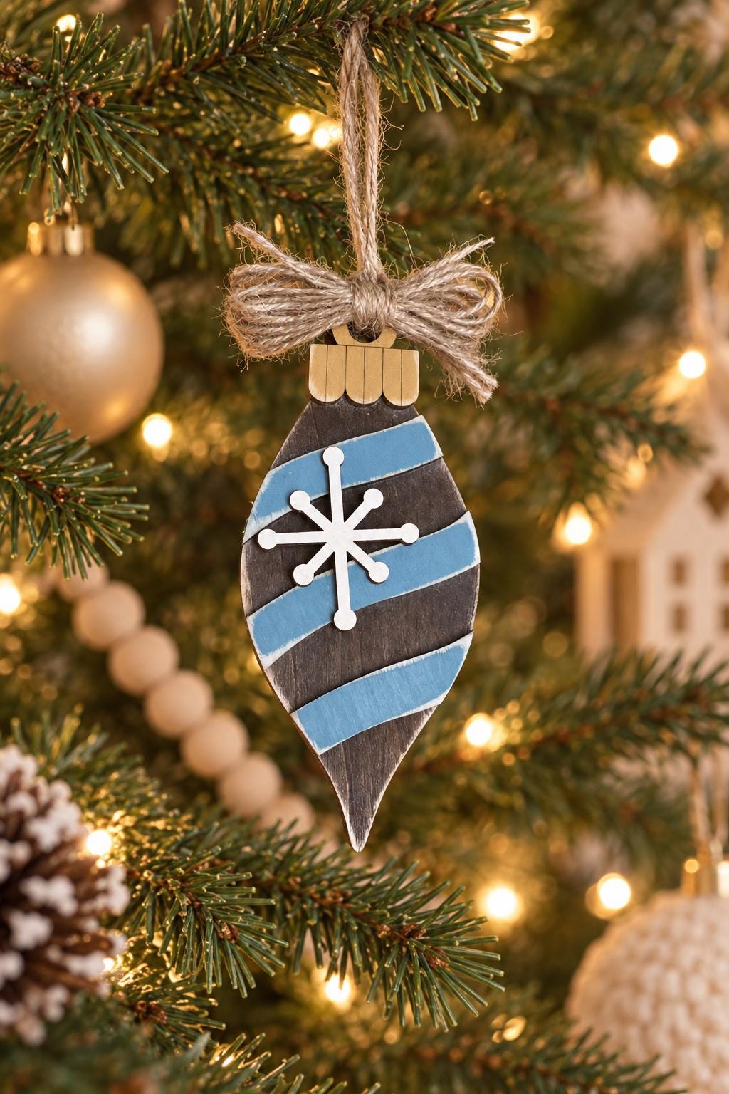 Rustic Wood Christmas Ornament | Blue Vintage Teardrop Ornament | Farmhouse Christmas Tree Decor | Handmade Holiday Gift