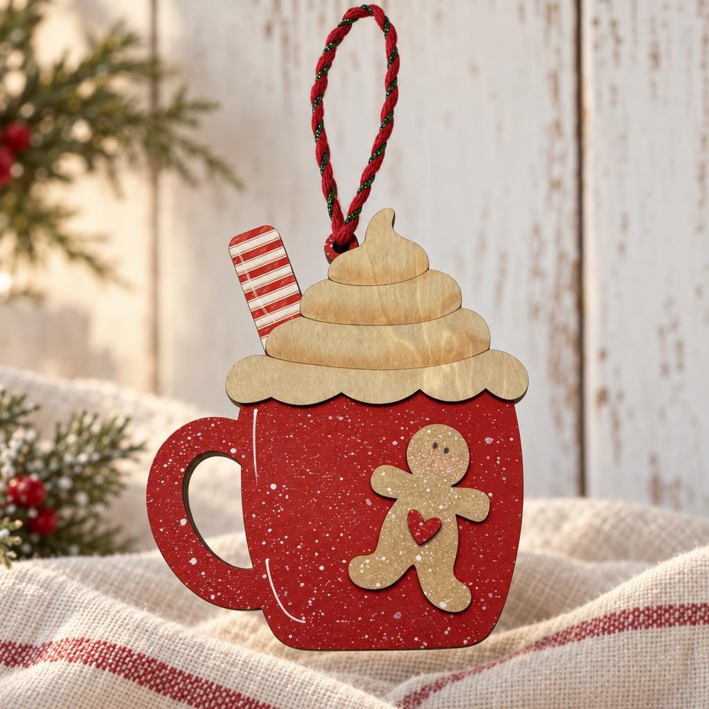 Hot Cocoa Mug Christmas Ornament | Gingerbread Man Wooden Ornament | Rustic Farmhouse Christmas Decor | Tiered Tray Gift