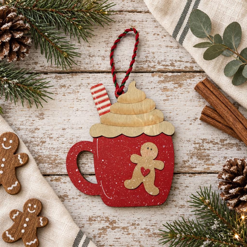 Hot Cocoa Mug Christmas Ornament | Gingerbread Man Wooden Ornament | Rustic Farmhouse Christmas Decor | Tiered Tray Gift