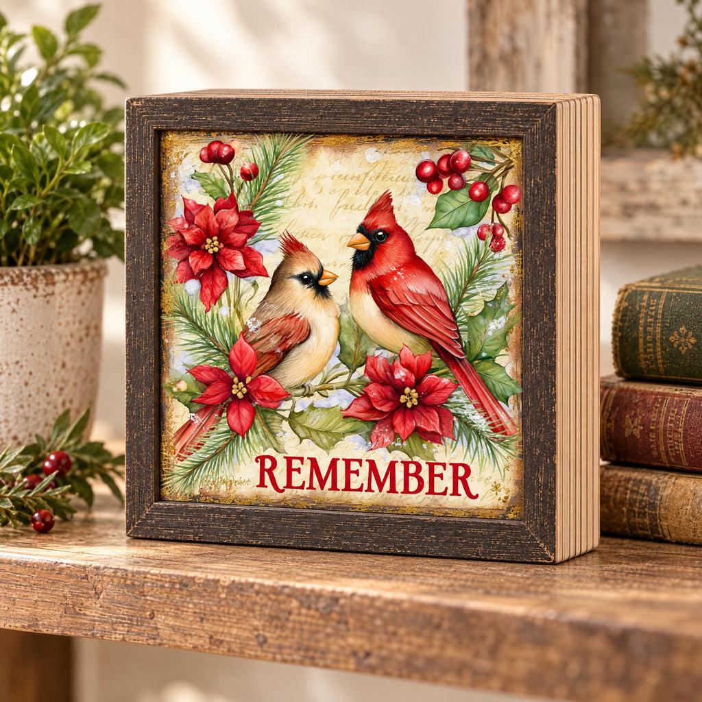 Christmas Cardinal Memorial Wood Sign | Remember Loved Ones Holiday Decor | Red Cardinal Remembrance Gift | Farmhouse Shelf Sitter