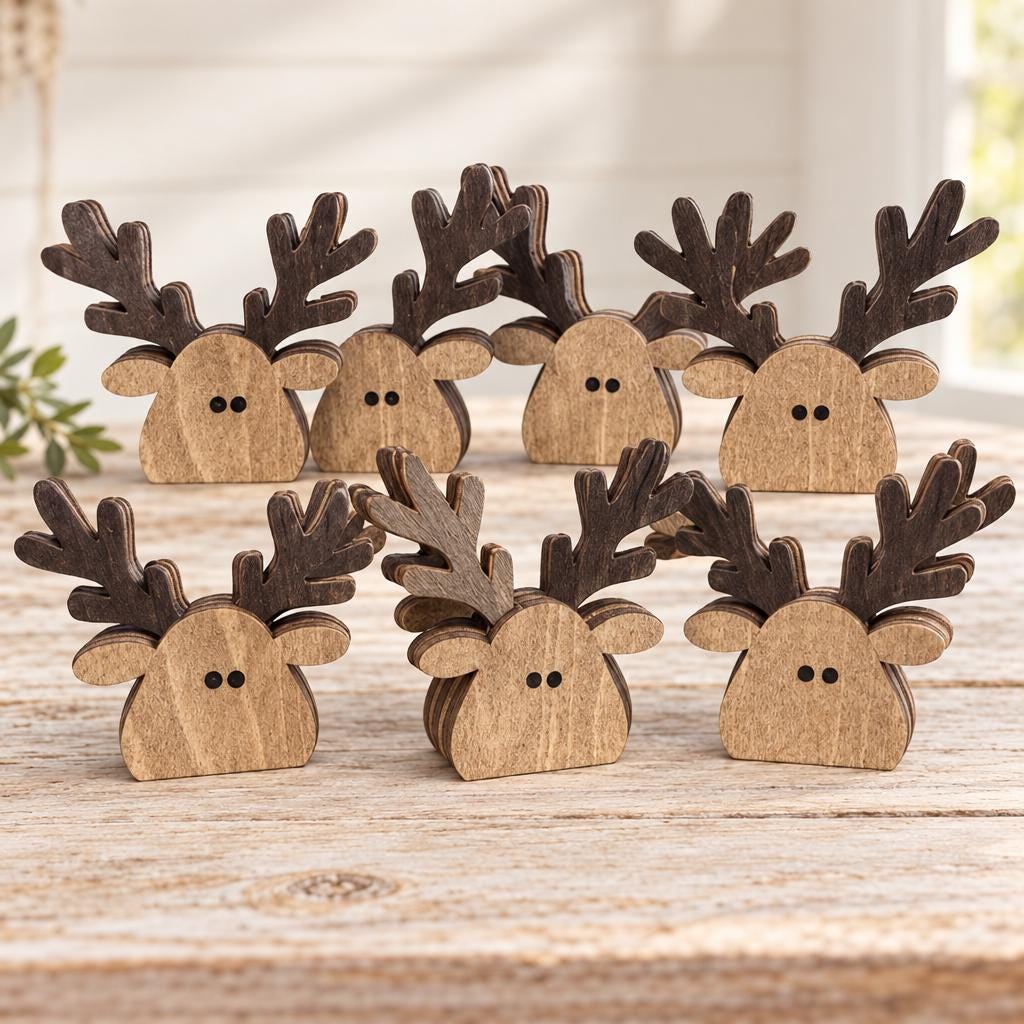 Mini Wooden Reindeer Shelf Sitters | Set of 3 or 6 | Rustic Farmhouse Christmas Decor | Tiered Tray Decorations