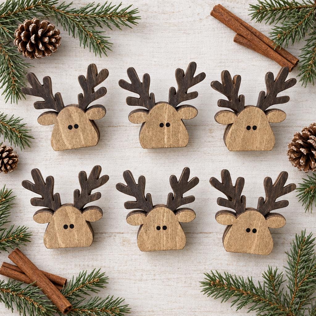 Mini Wooden Reindeer Shelf Sitters | Set of 3 or 6 | Rustic Farmhouse Christmas Decor | Tiered Tray Decorations