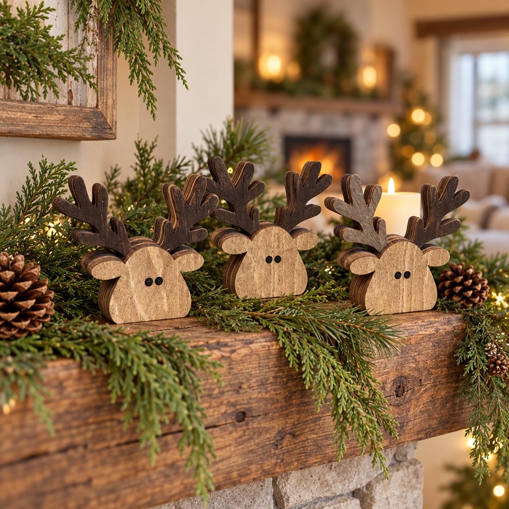 Mini Wooden Reindeer Shelf Sitters | Set of 3 or 6 | Rustic Farmhouse Christmas Decor | Tiered Tray Decorations