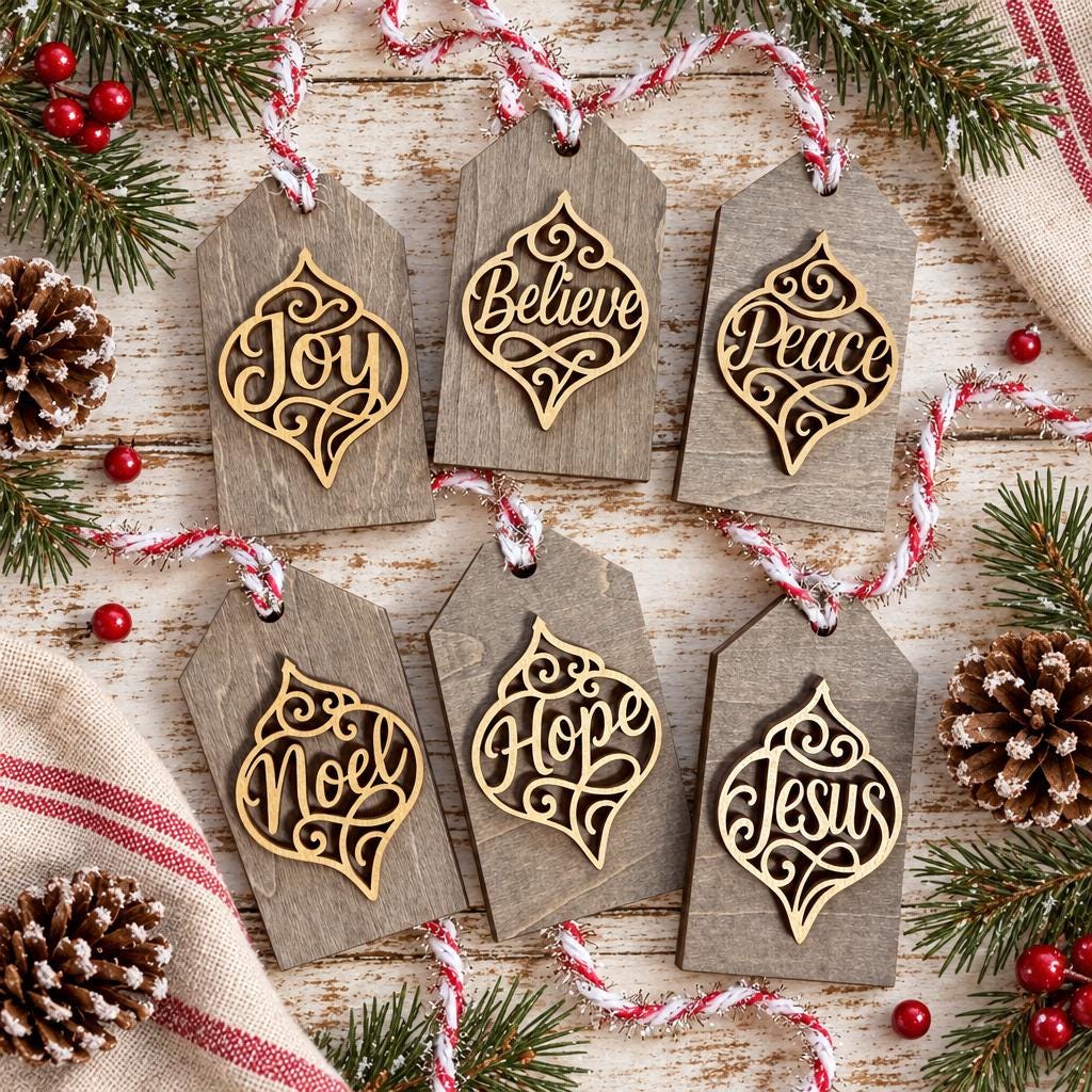 Filigree Word Christmas Ornaments Set of 6, Believe Joy Noel Jesus Peace Hope, Wood Tree Ornaments, Holiday Decor