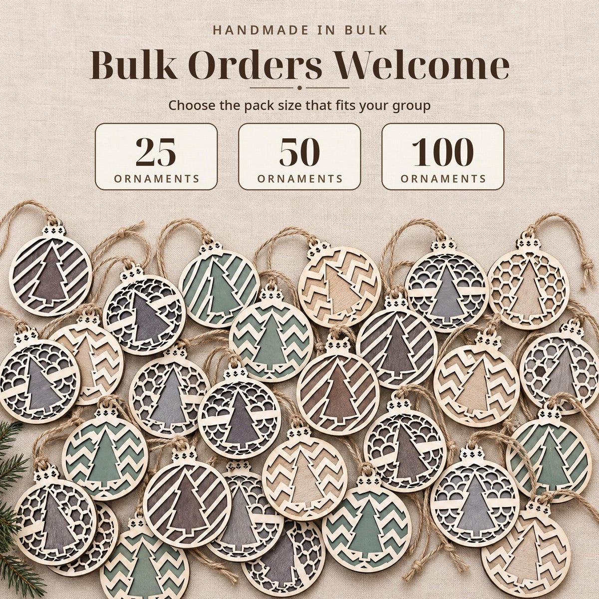 Bulk Christmas Ornaments 25 50 100 Pack, Rustic Wooden Tree Ornaments, Employee Gifts, Church Favors, Holiday Party Gifts - TheGrumpyRooster