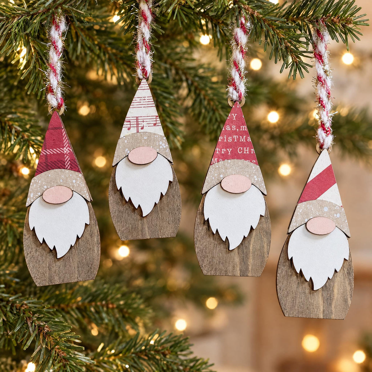 Wooden Gnome Christmas Ornaments, Set of 4 | Layered Wood Farmhouse Tree Decor | Rustic Holiday Gift