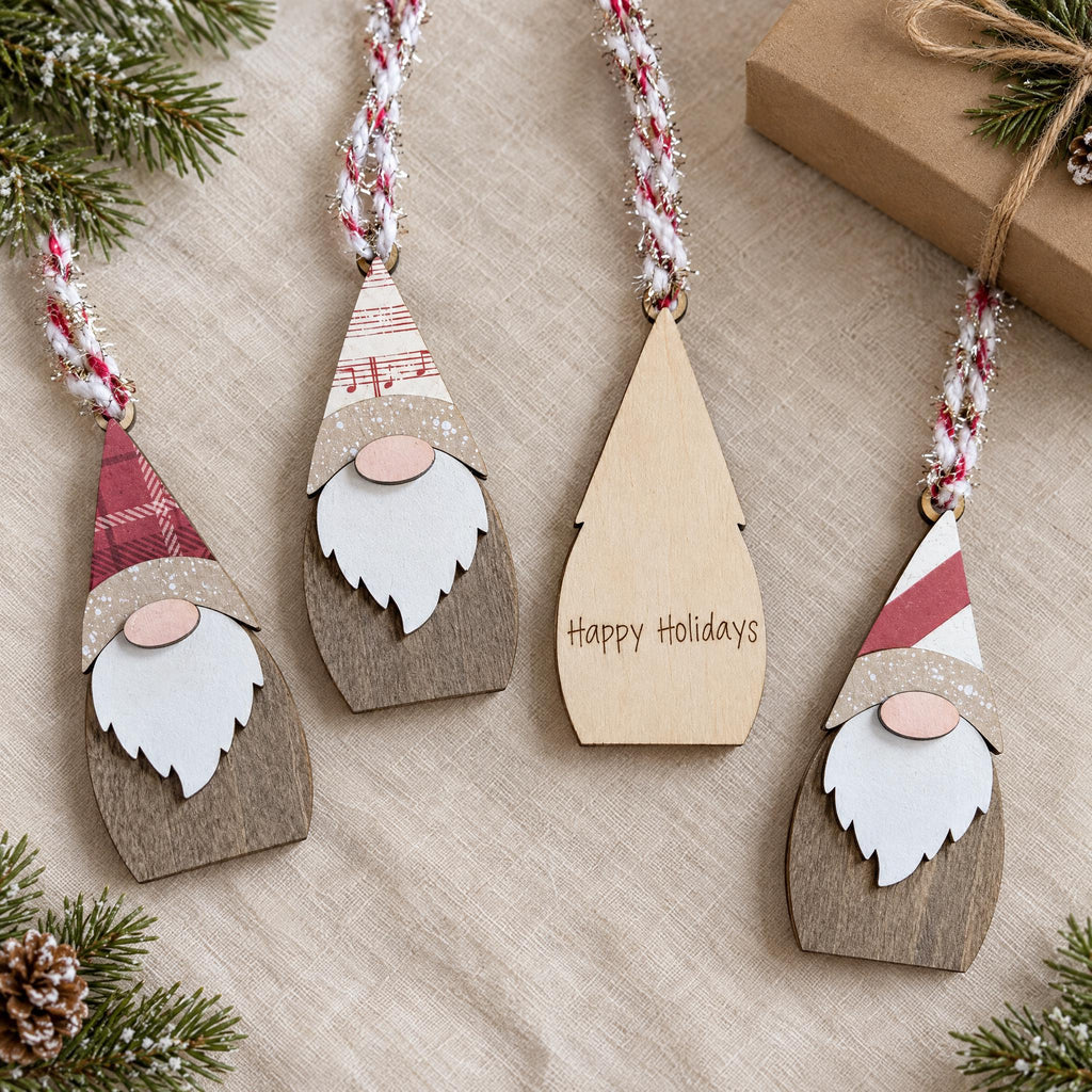 Wooden Gnome Christmas Ornaments, Set of 4 | Layered Wood Farmhouse Tree Decor | Rustic Holiday Gift