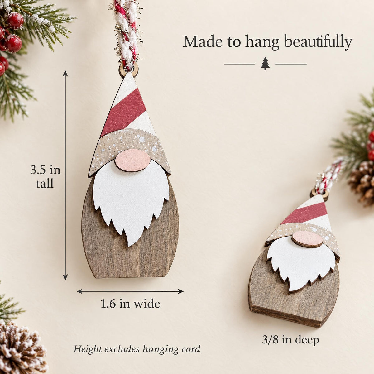 Wooden Gnome Christmas Ornaments, Set of 4 | Layered Wood Farmhouse Tree Decor | Rustic Holiday Gift