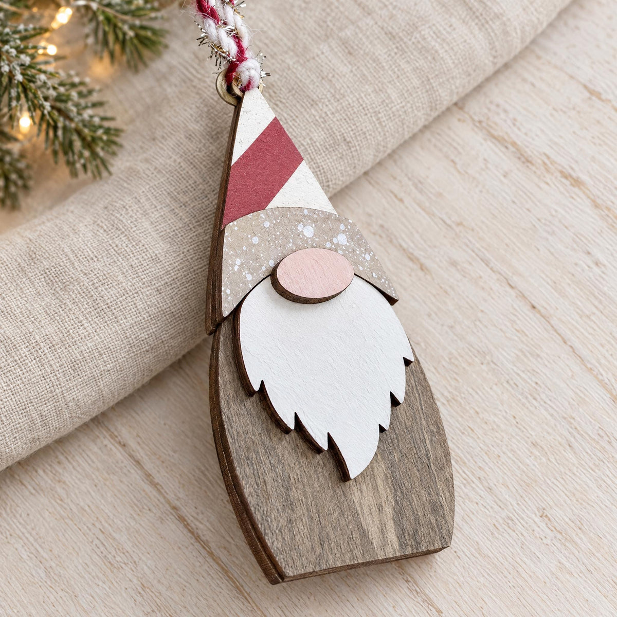 Wooden Gnome Christmas Ornaments, Set of 4 | Layered Wood Farmhouse Tree Decor | Rustic Holiday Gift